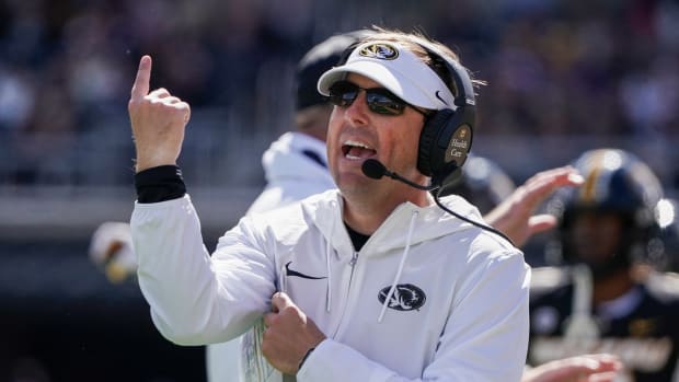 Missouri Tigers head coach Eli Drinkwitz gestures against the LSU Tigers during the second half at Faurot Field at Memorial Stadium.